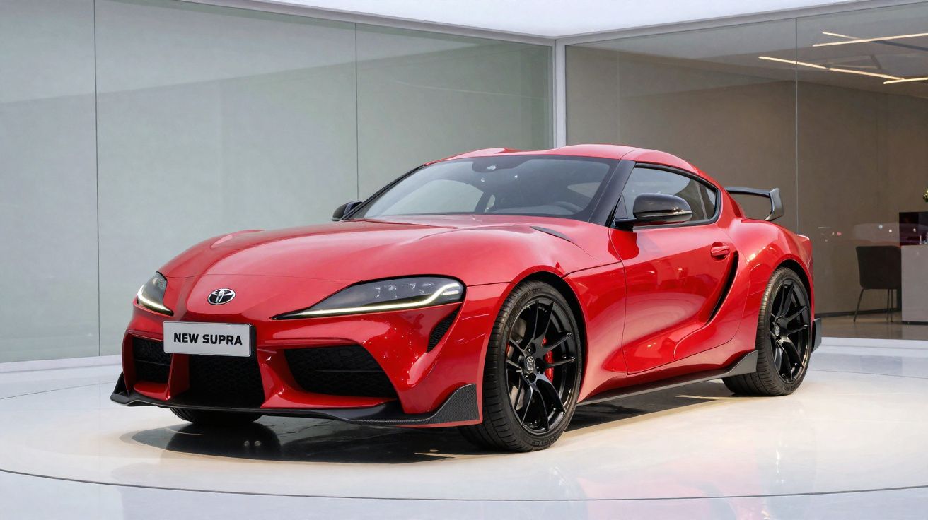 Carro esportivo Toyota Supra vermelho em exposição em ambiente moderno e iluminado.