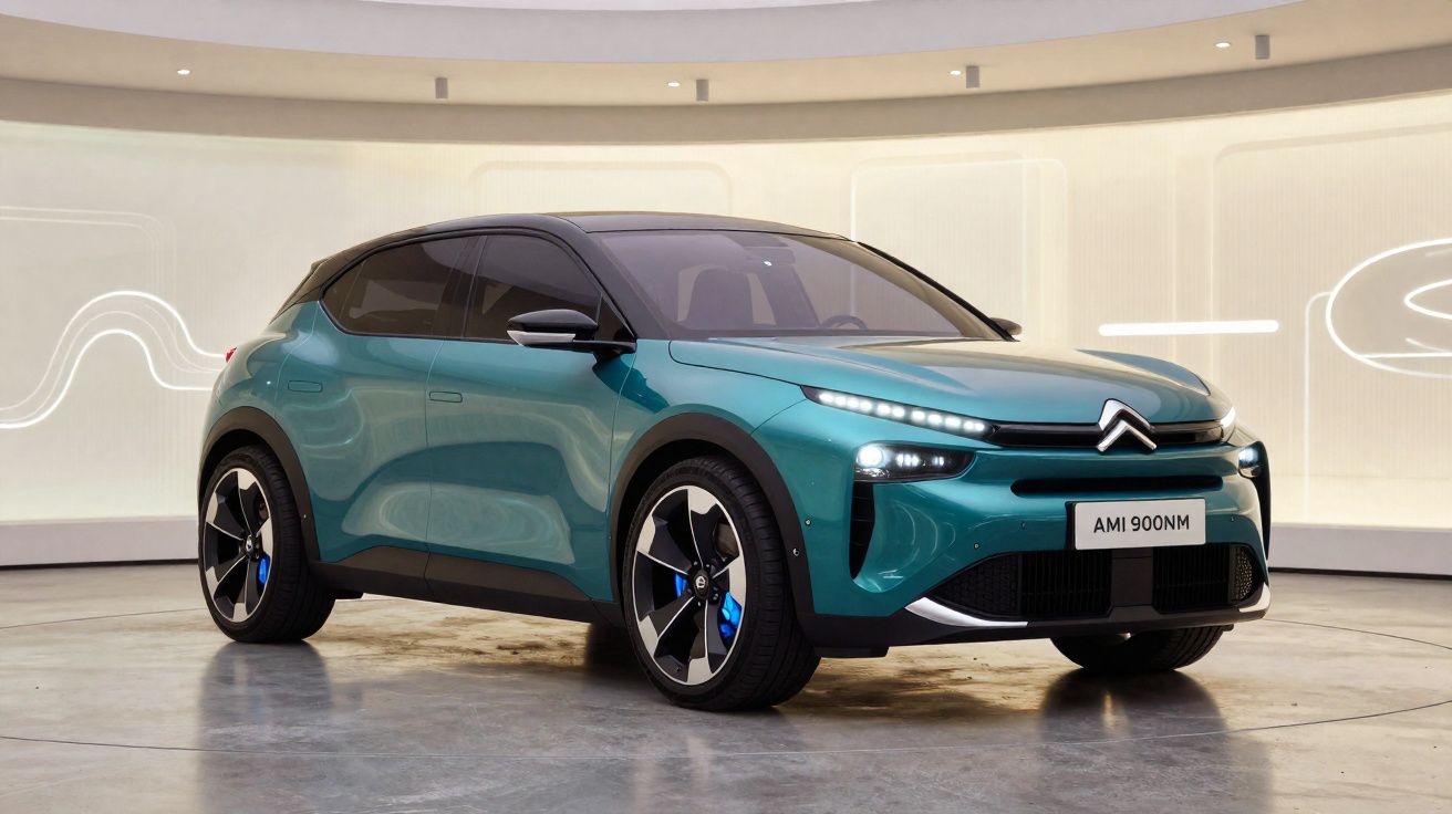 Carro elétrico Citroën Ami 900NM verde em estúdio com luz suave e fundo claro.