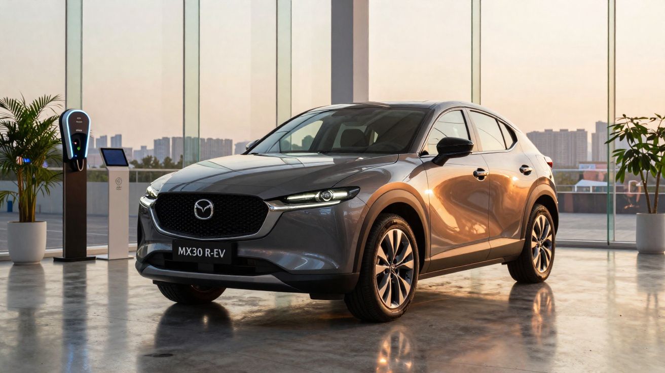 Carro elétrico cinza Mazda MX30 R-EV em showroom moderno com paredes de vidro e plantas.