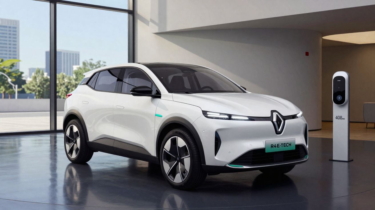 Carro elétrico Renault branco estacionado em ambiente interno próximo a carregador portátil.