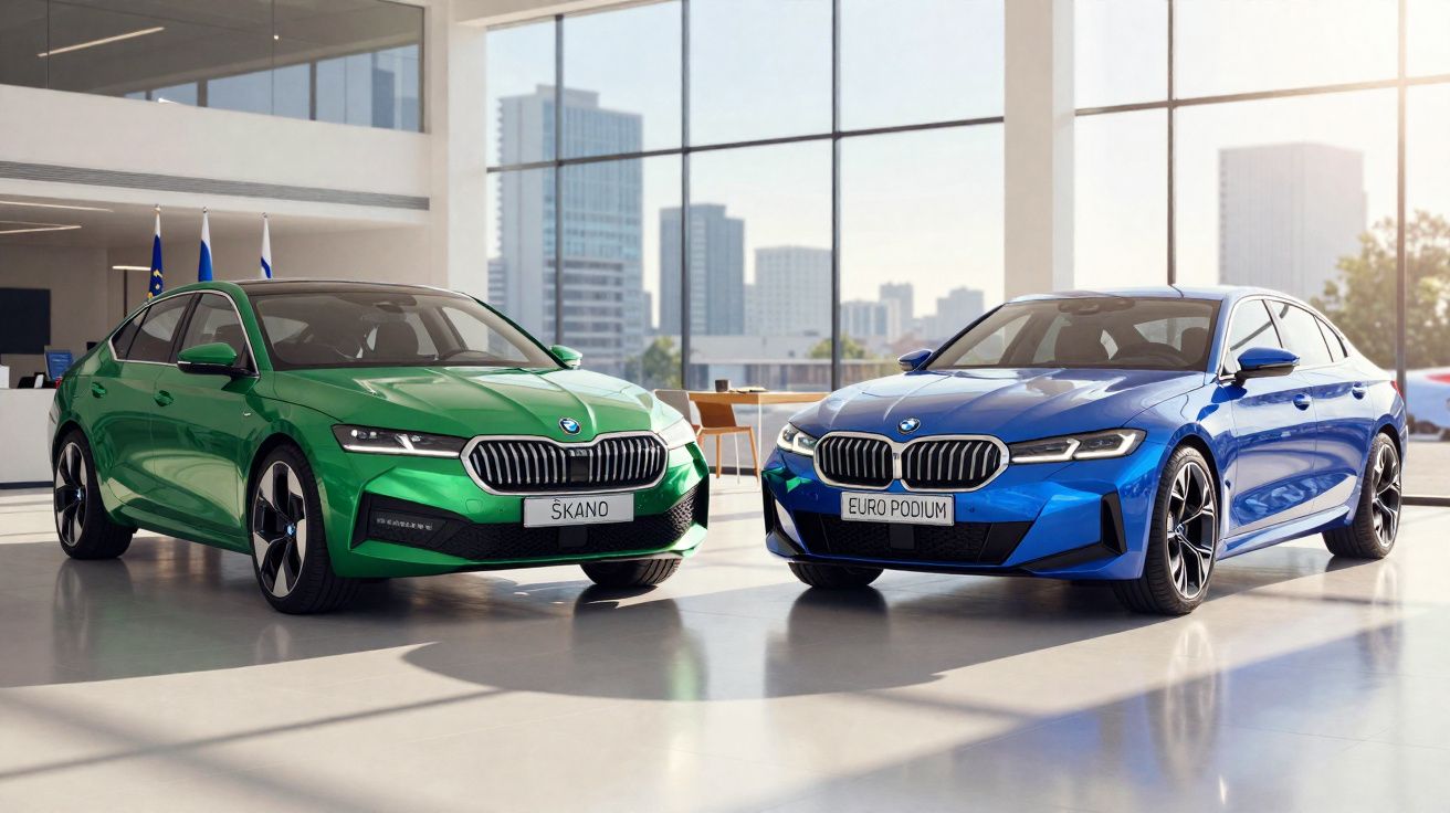 Dois carros BMW modernos, um verde e um azul, em showroom com grandes janelas e vista urbana ao fundo.