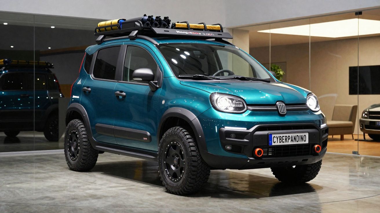 Carro Fiat Panda 4x4 azul com pneus off-road e bagageiro com equipamentos no teto em ambiente interno.