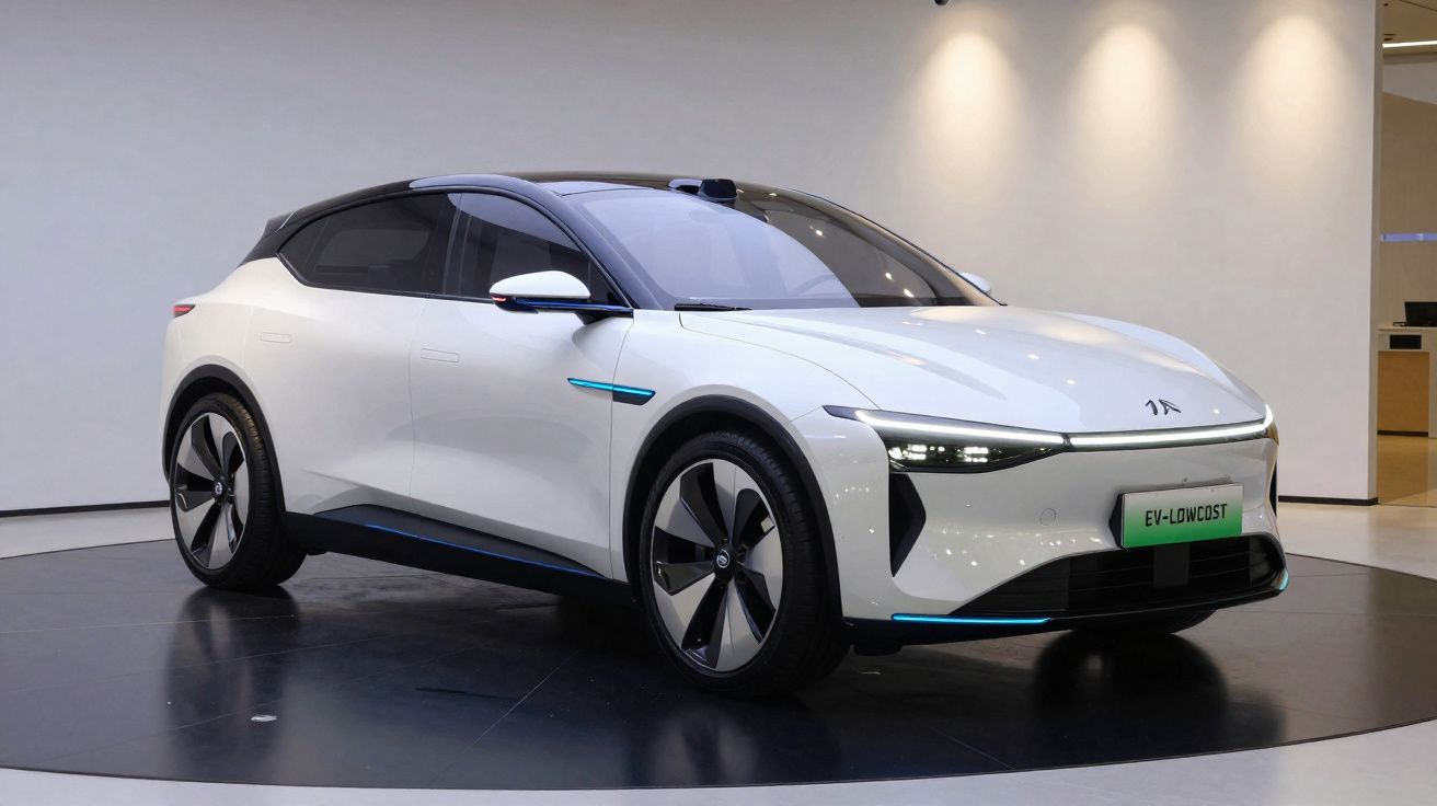 Carro elétrico branco com teto preto e detalhes azuis exibido em ambiente interno moderno.