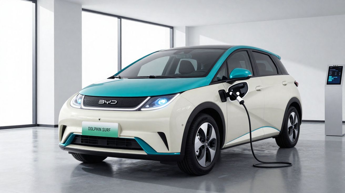 Carro elétrico BYD Dolphin Surf branco com detalhes azuis sendo carregado em ambiente interno moderno.