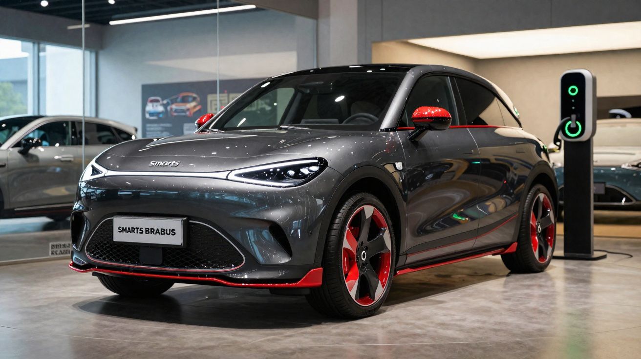 Carro elétrico Smart 5 Brabus cinza com detalhes vermelhos em showroom ao lado de carregador.