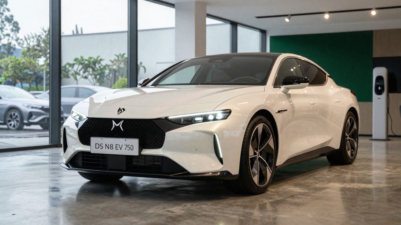 Carro elétrico branco DS N8 EV 750 em exposição, com design moderno e rodas esportivas, em ambiente interno.