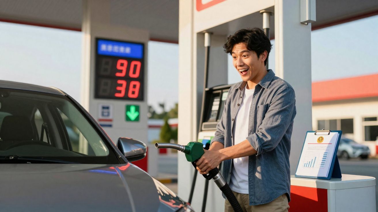 Homem feliz abastecendo carro em posto de gasolina com preços visíveis ao fundo.