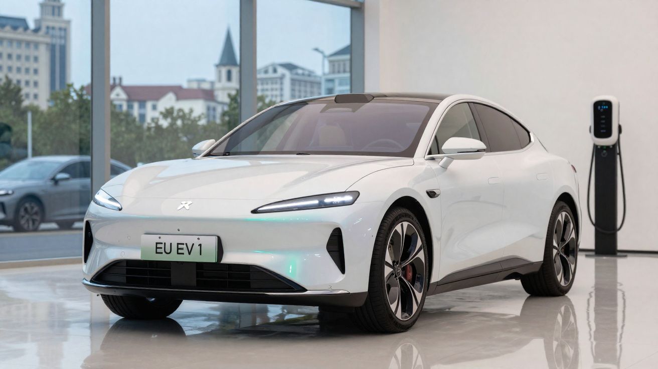 Carro elétrico branco futurista estacionado em showroom com carregador ao fundo.