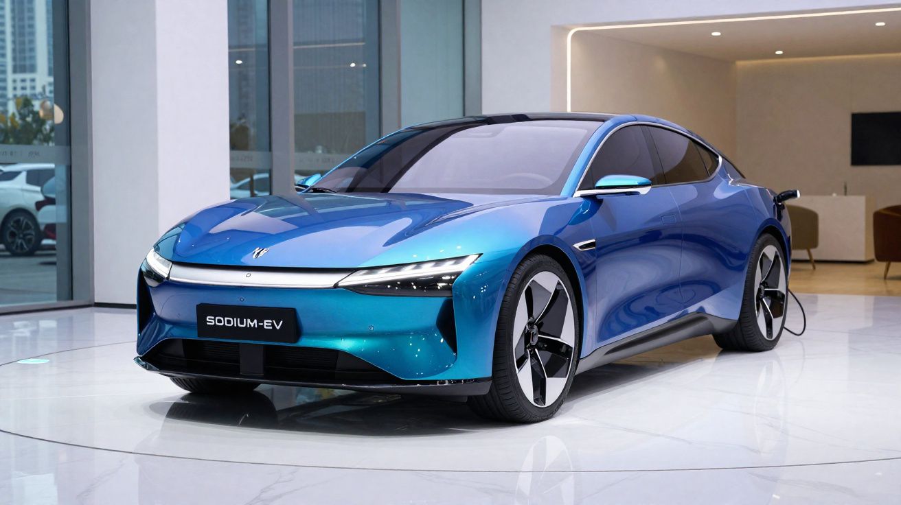 Carro elétrico azul metálico SODIUM-EV em exposição interna com design moderno e aerodinâmico.