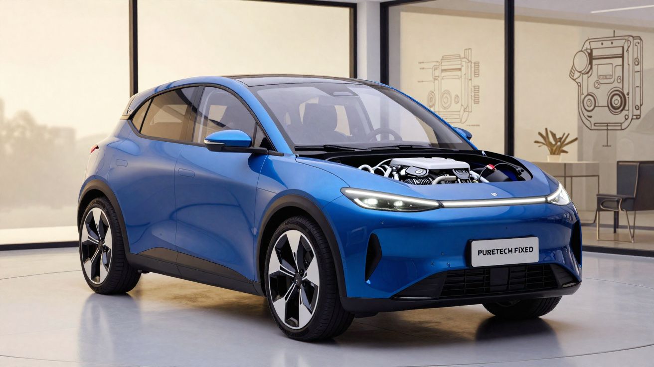 Carro elétrico azul com capô aberto exibindo motor, em ambiente interno moderno com decoração técnica.