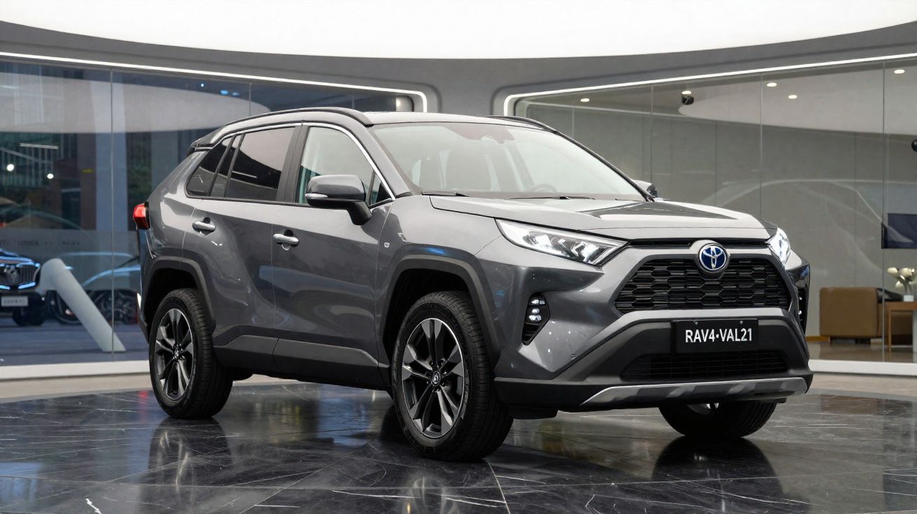 Toyota RAV4 cinza estacionado em showroom moderno com piso preto brilhoso e paredes espelhadas.