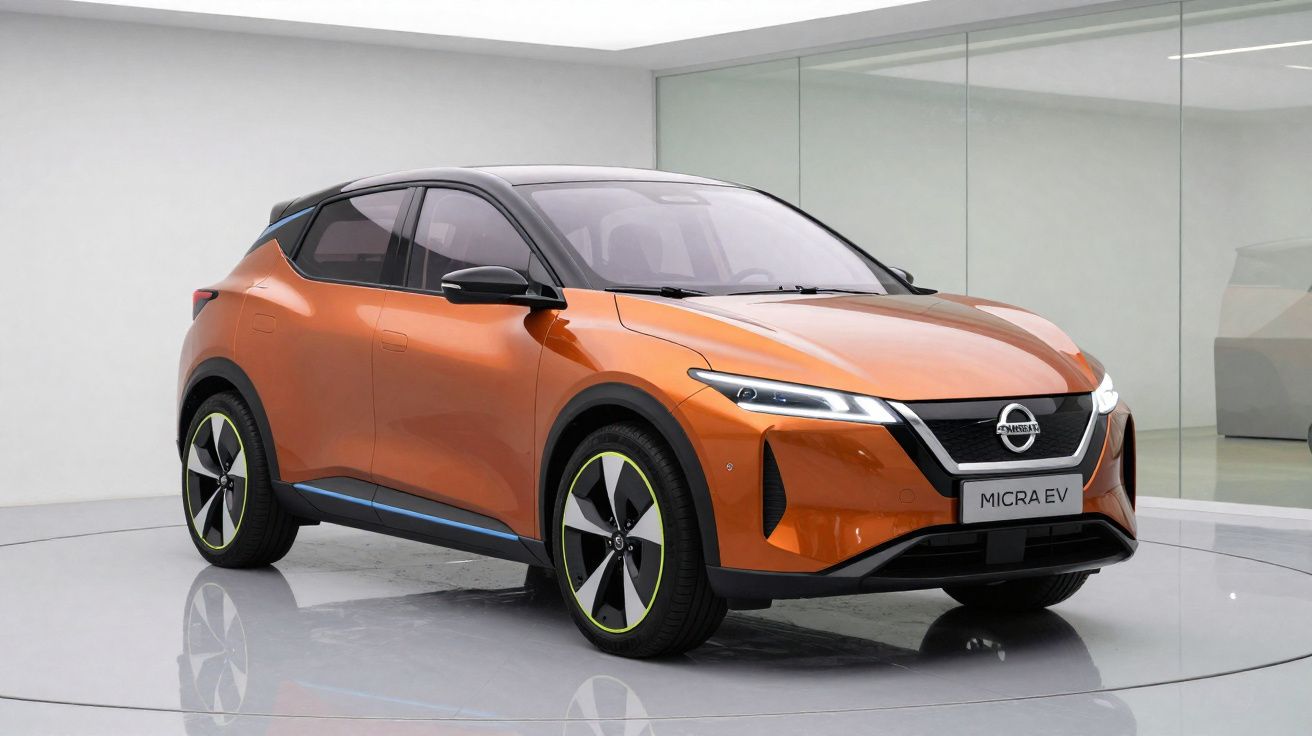 Carro elétrico Nissan Micra EV laranja estacionado em ambiente interno minimalista e iluminado.