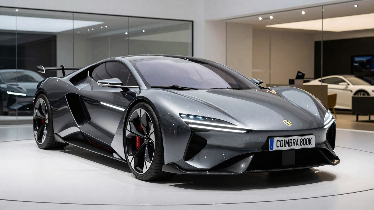 Carro esportivo cinza metálico com design aerodinâmico exibido em showroom moderno e iluminado.