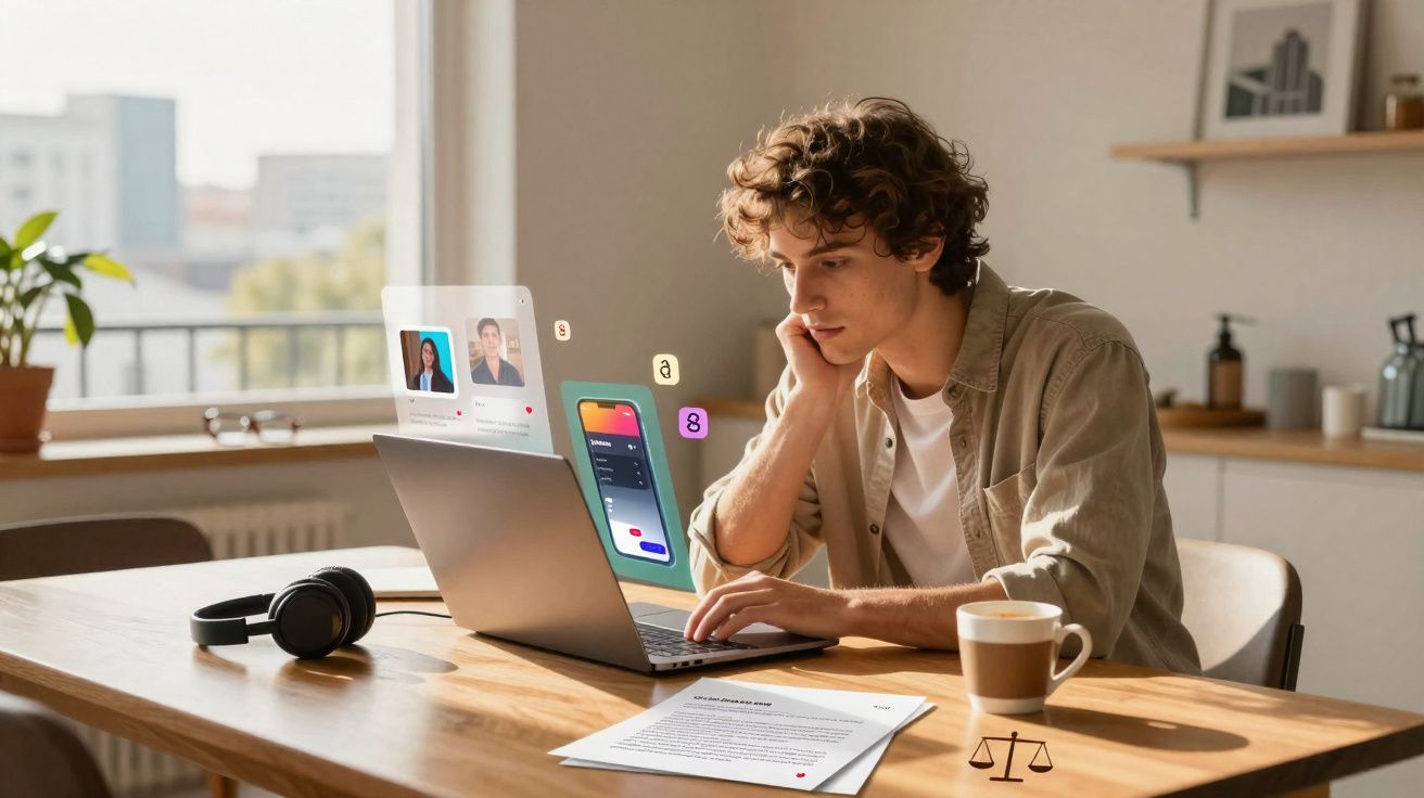 Jovem sentado em mesa, concentrado trabalhando no notebook em ambiente claro e moderno.