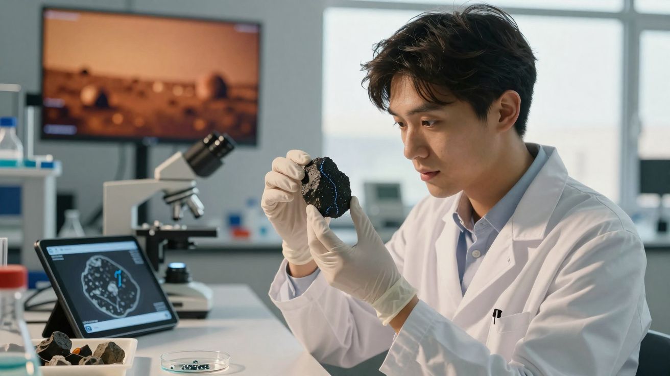 Cientista analisando uma rocha negra em laboratório moderno com equipamentos científicos ao redor.