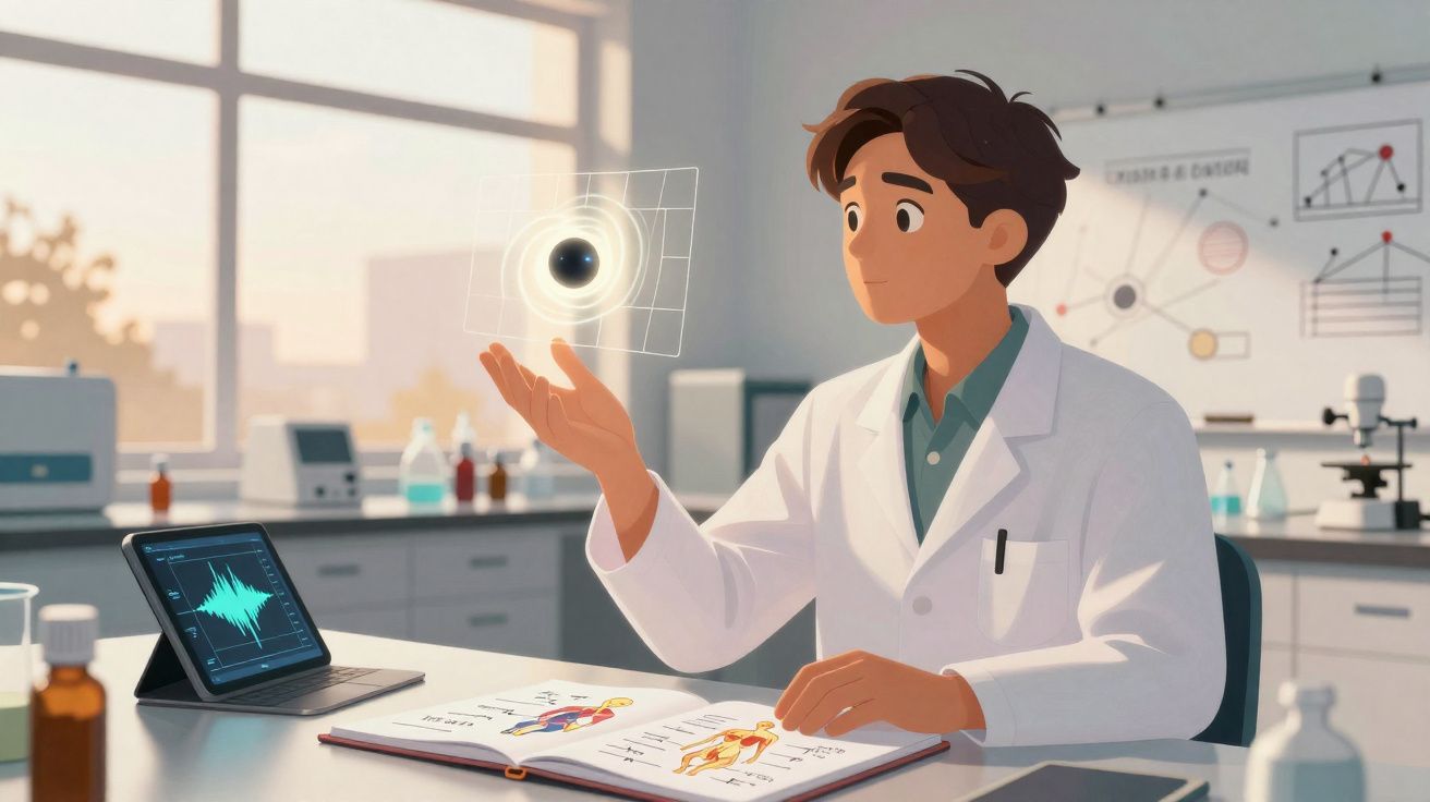 Cientista em laboratório olhando para holograma de esfera preta enquanto estuda livro de anatomia.