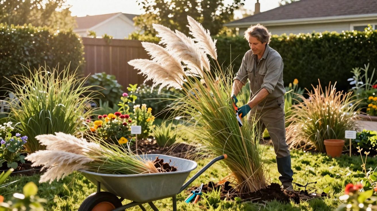 Homem cuidando de planta ornamental alta em jardim com carrinho de mão e flores ao redor.
