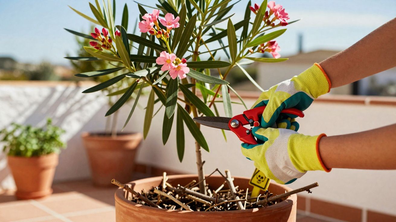 Pessoa podando planta em vaso com flores rosas, usando luvas de jardinagem coloridas.
