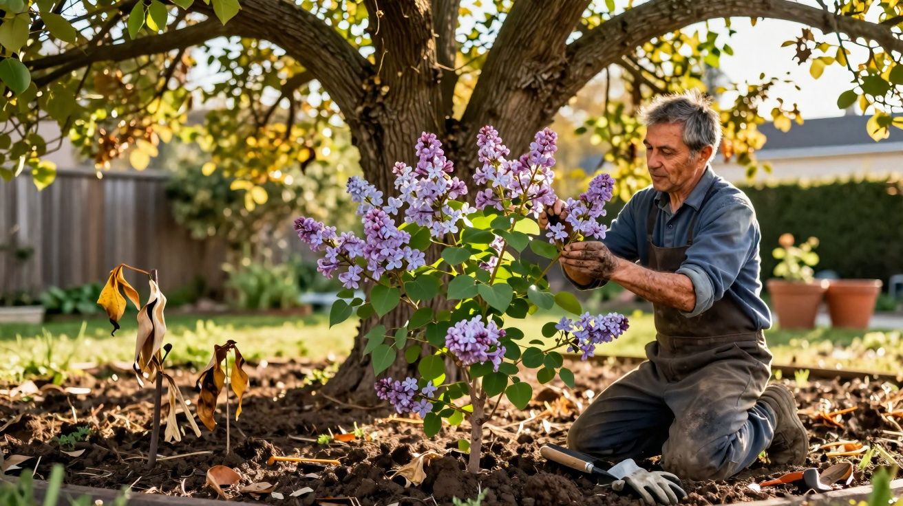 Homem idoso cuidando de arbusto com flores lilases em jardim ensolarado, agachado na terra.