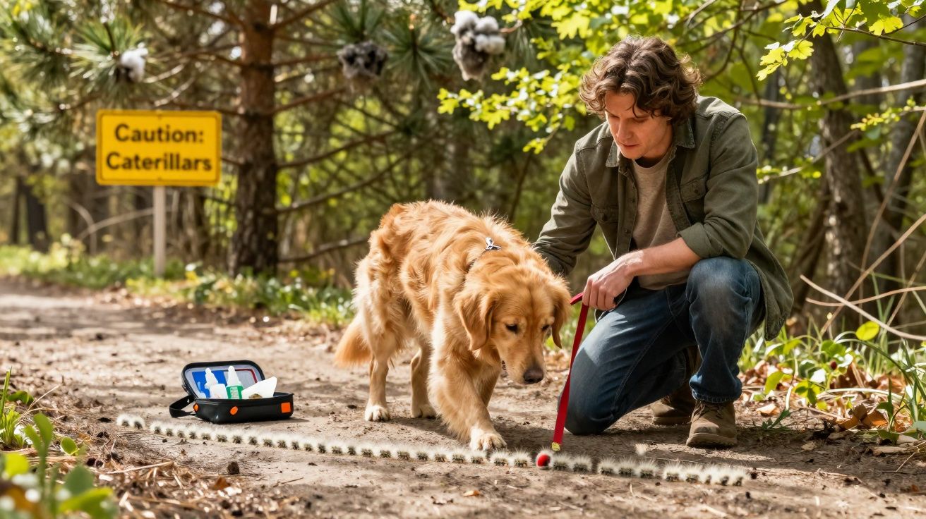 Homem agachado com cachorro observa fileira de lagartas em trilha na floresta.