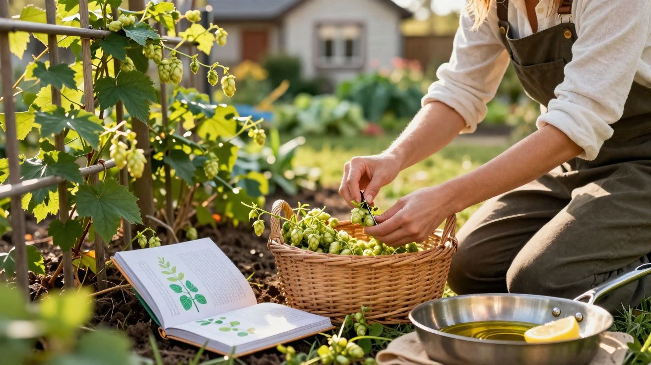 Pessoa colhendo lúpulo em cesta ao ar livre, com livro aberto e frigideira com azeite e limão.