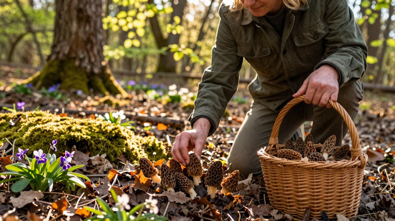 Pessoa com cesta colhendo cogumelos colmeia em floresta com folhas secas e flores roxas no chão.