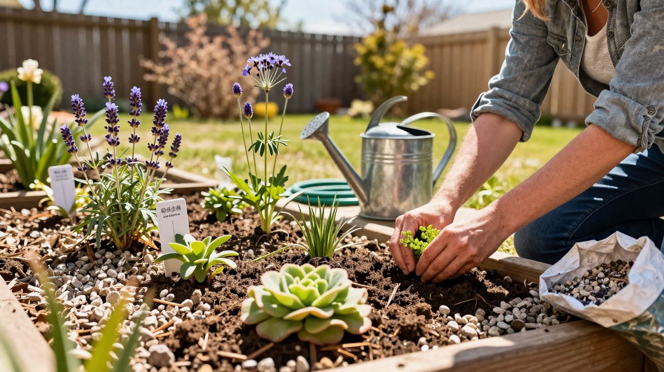 Pessoa plantando suculentas em canteiro com flores em jardim ensolarado à tarde.