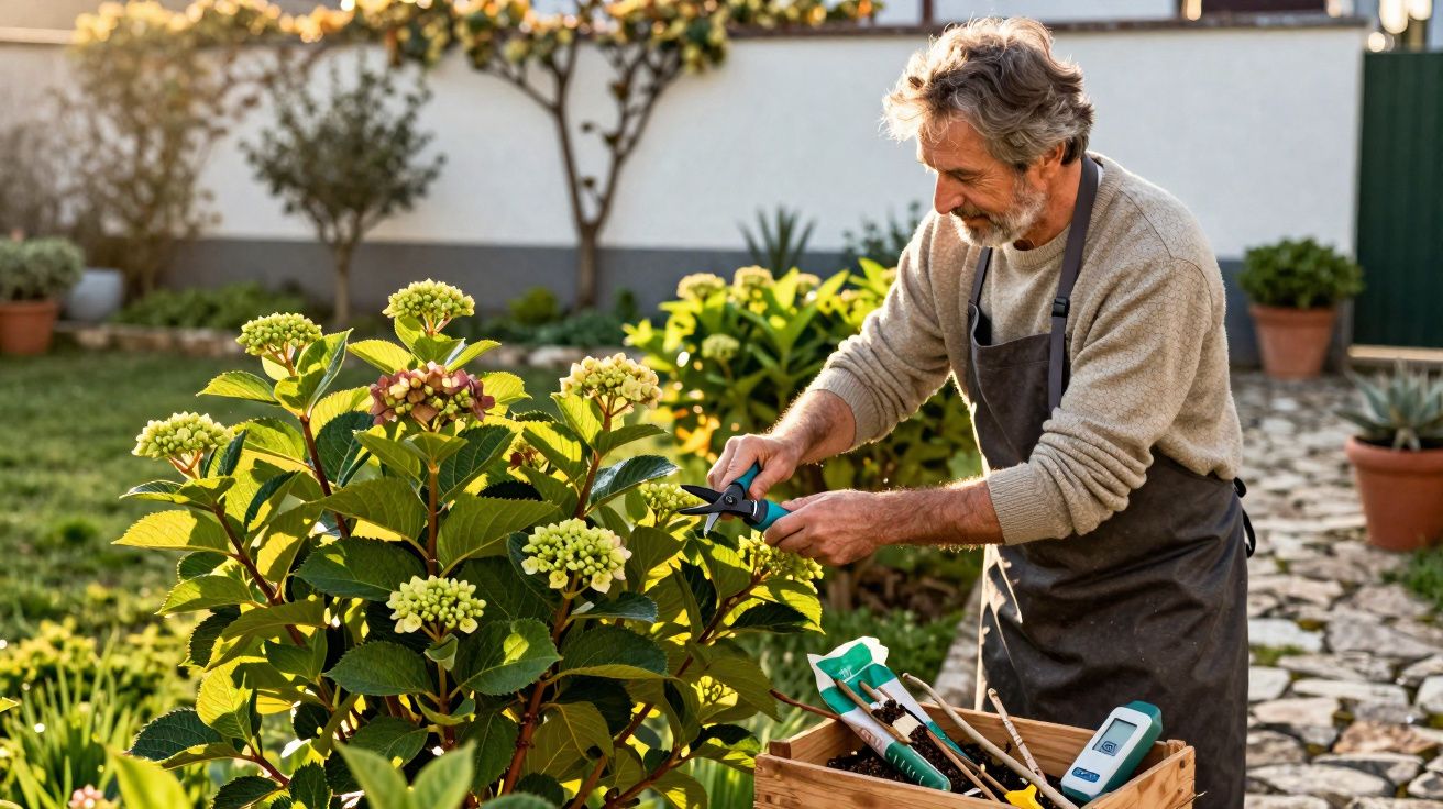 Homem de cabelo grisalho poda planta com tesoura de jardinagem em jardim ensolarado.