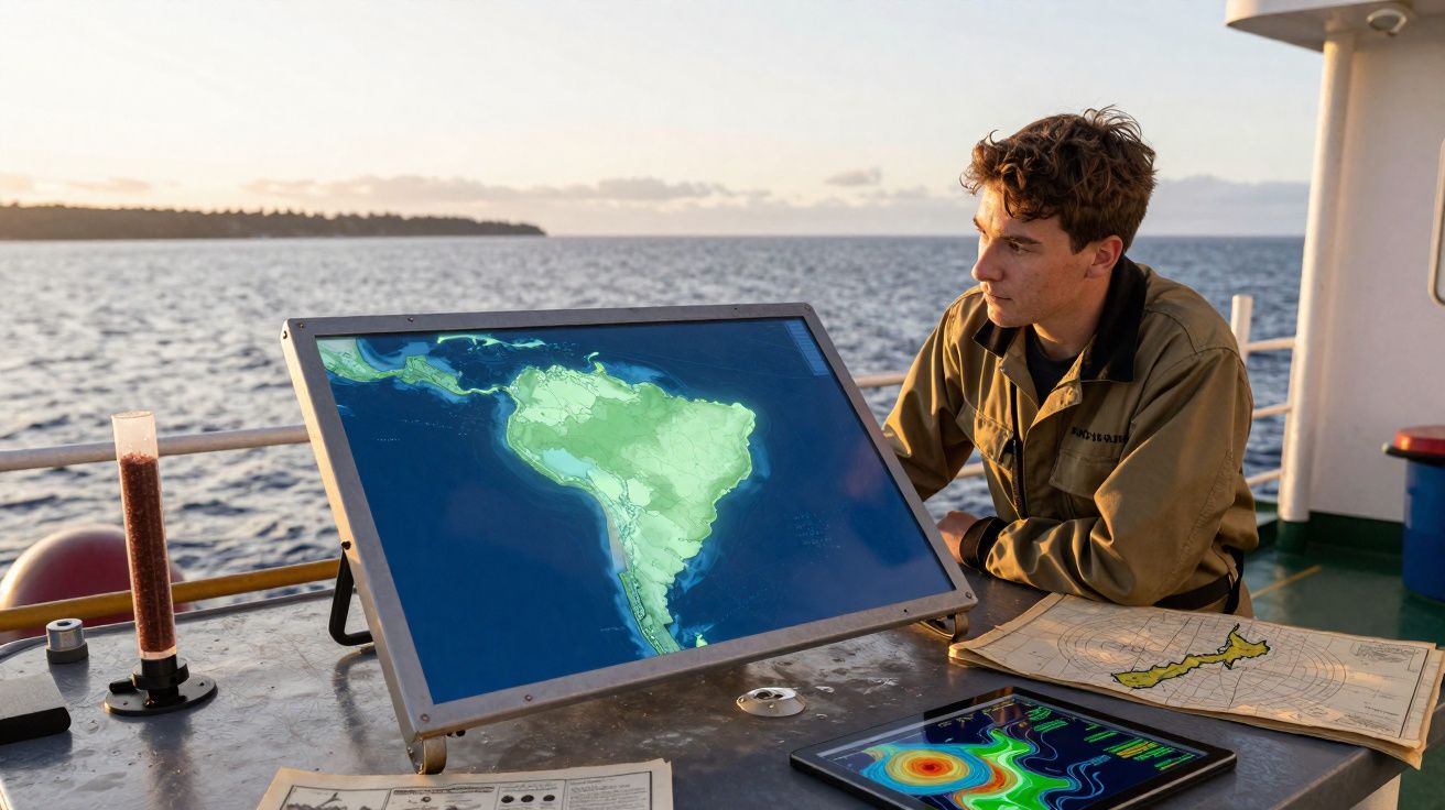 Homem observa mapa digital da América do Sul em barco no mar ao entardecer.