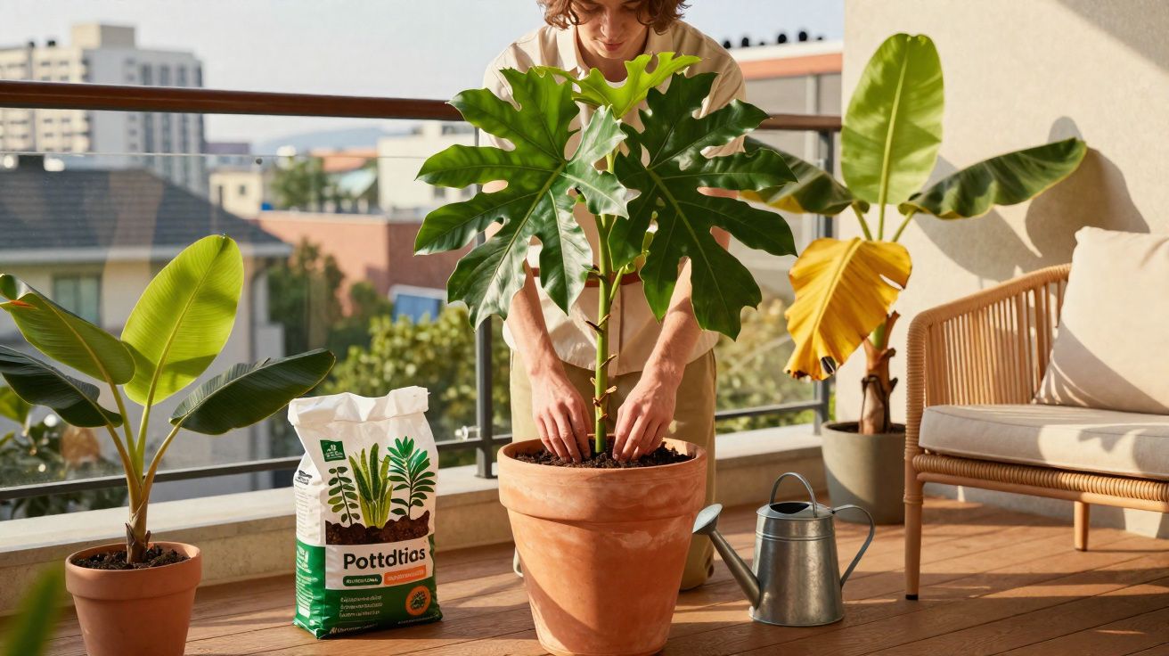 Pessoa cuidando de planta em vaso grande na varanda com regador e sacola de terra adubo ao lado.