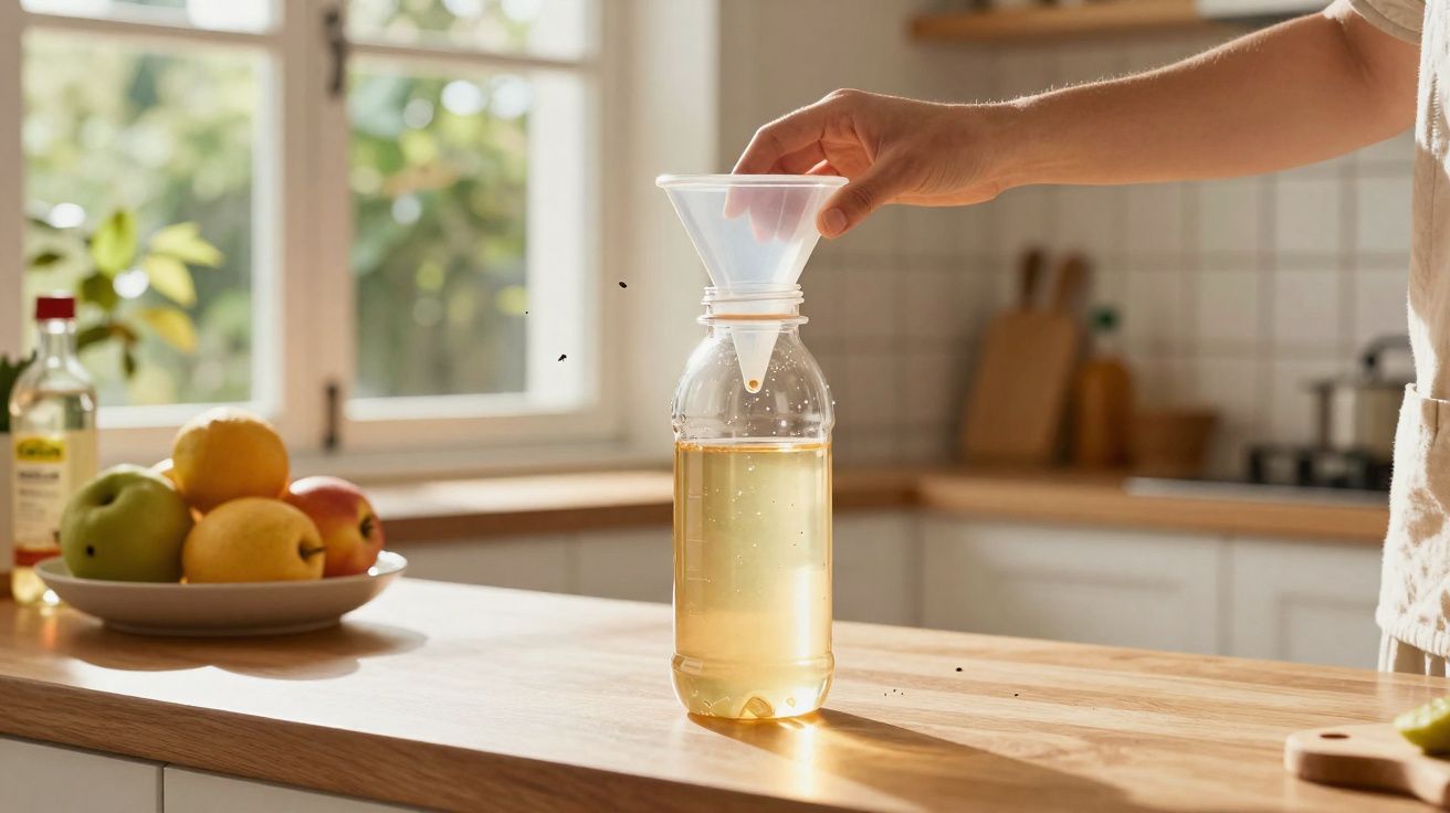 Pessoa usando funil para colocar líquido amarelo em garrafa plástica em cozinha iluminada natural.