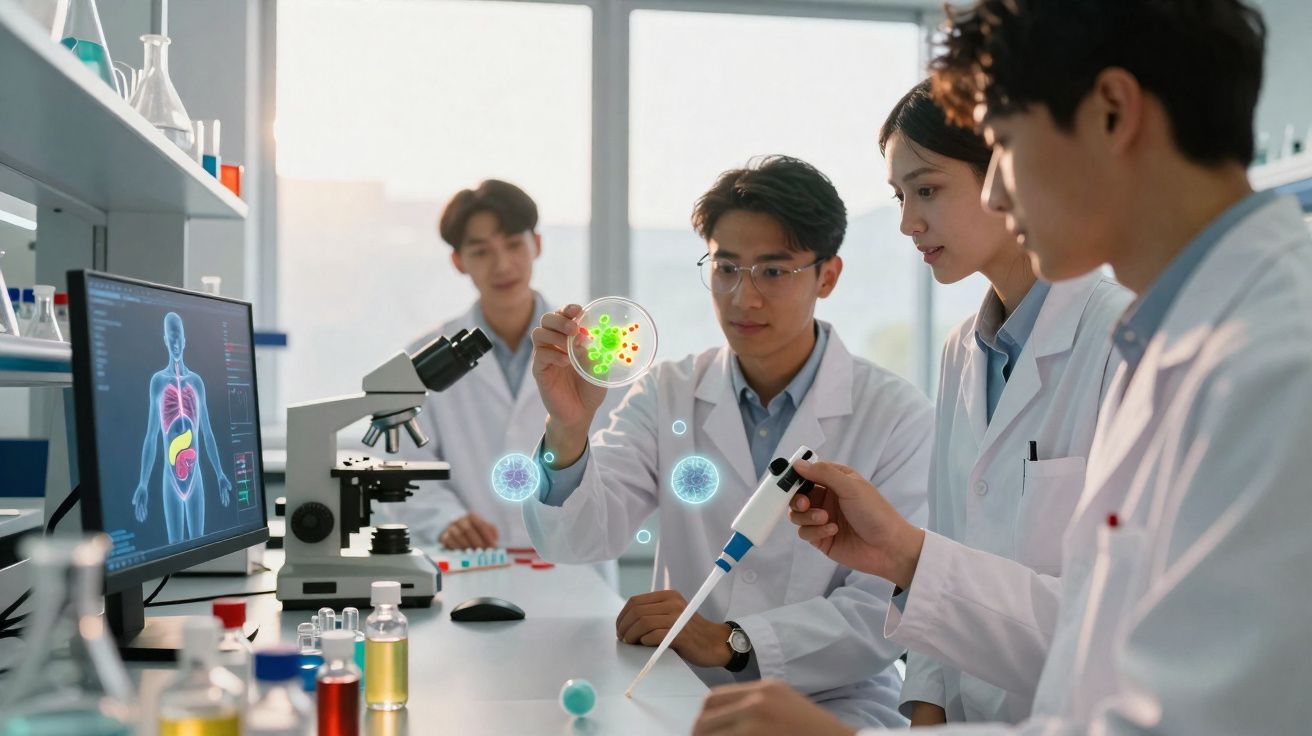 Grupo de cientistas com jaleco branco em laboratório analisando amostra e usando micropipeta.