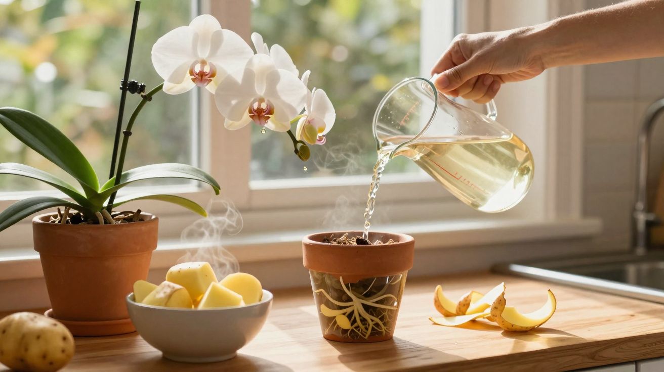 Mãos despejando água em vaso com planta, ao lado de orquídea, batatas cortadas e cascas na bancada iluminada.