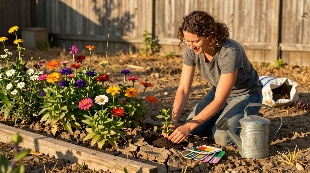 Mulher plantando flores coloridas em canteiro ao ar livre em dia ensolarado.