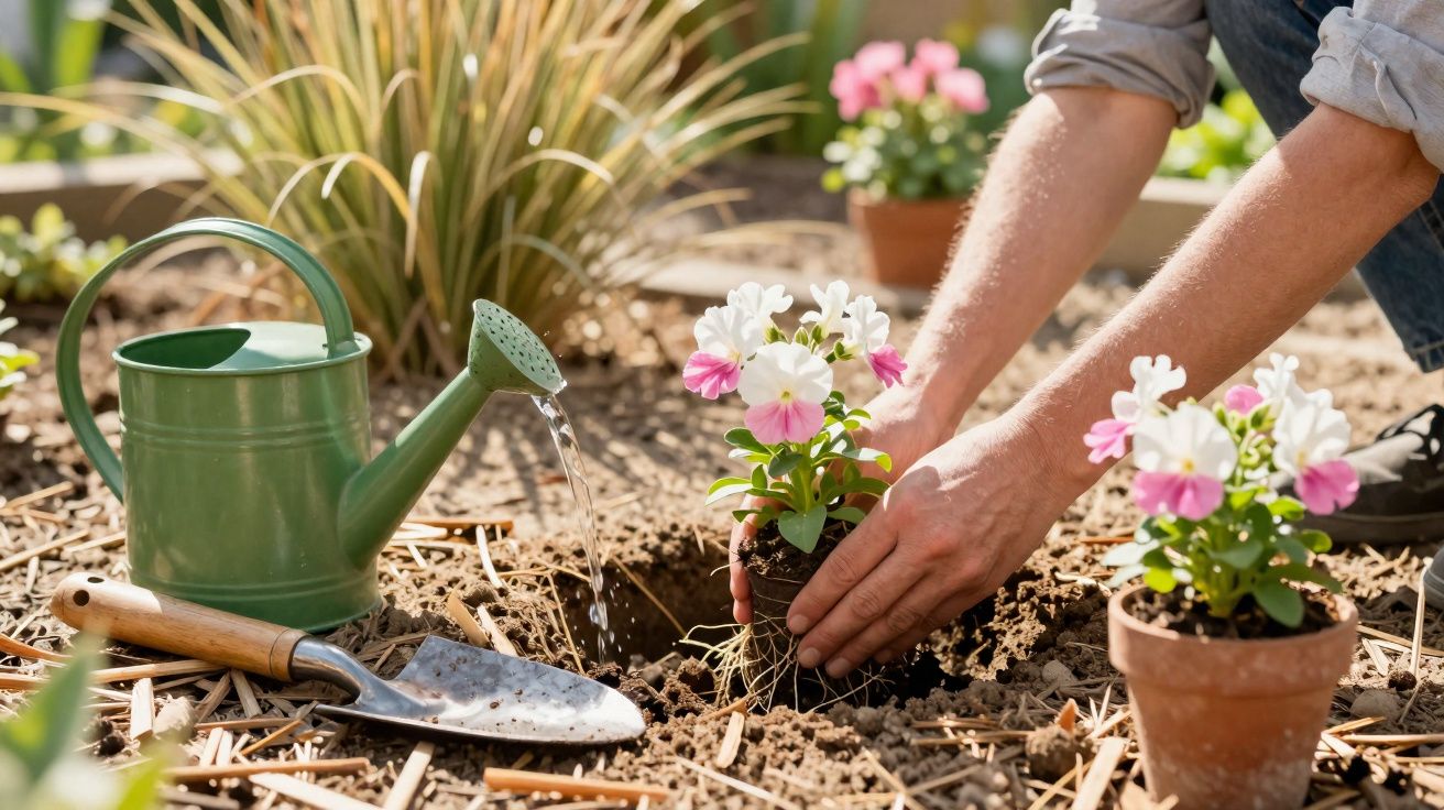 Pessoa plantando flores brancas e rosa em jardim com regador verde e pá ao lado.