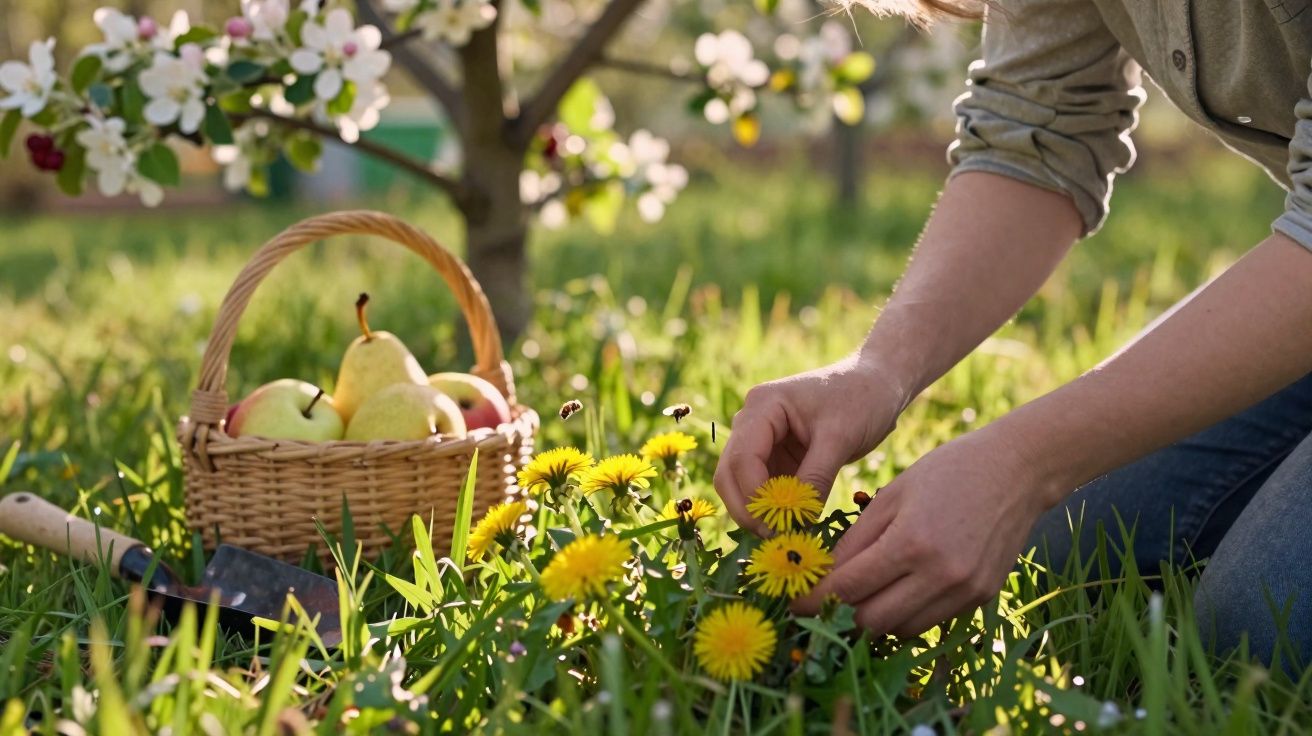 Pessoa colhendo flores amarelas em jardim com cesta de frutas e pá ao fundo.