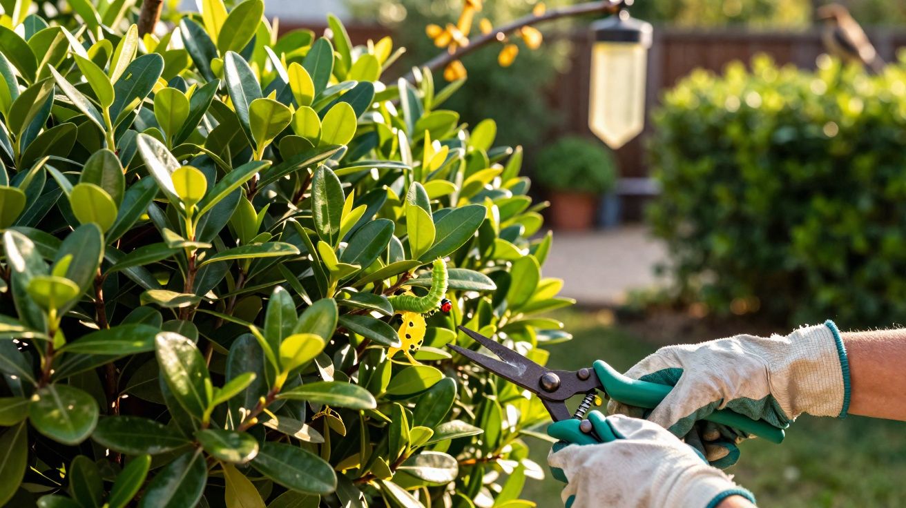 Mãos com luvas podando arbusto verde e removendo uma lagarta e uma joaninha amarela.
