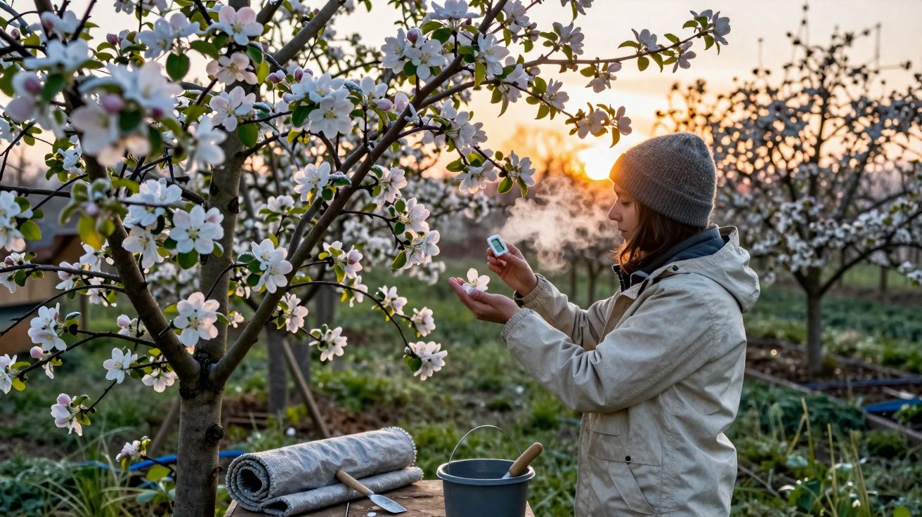 Mulher com roupa de frio medindo temperatura em flor de árvore em pomar ao pôr do sol.