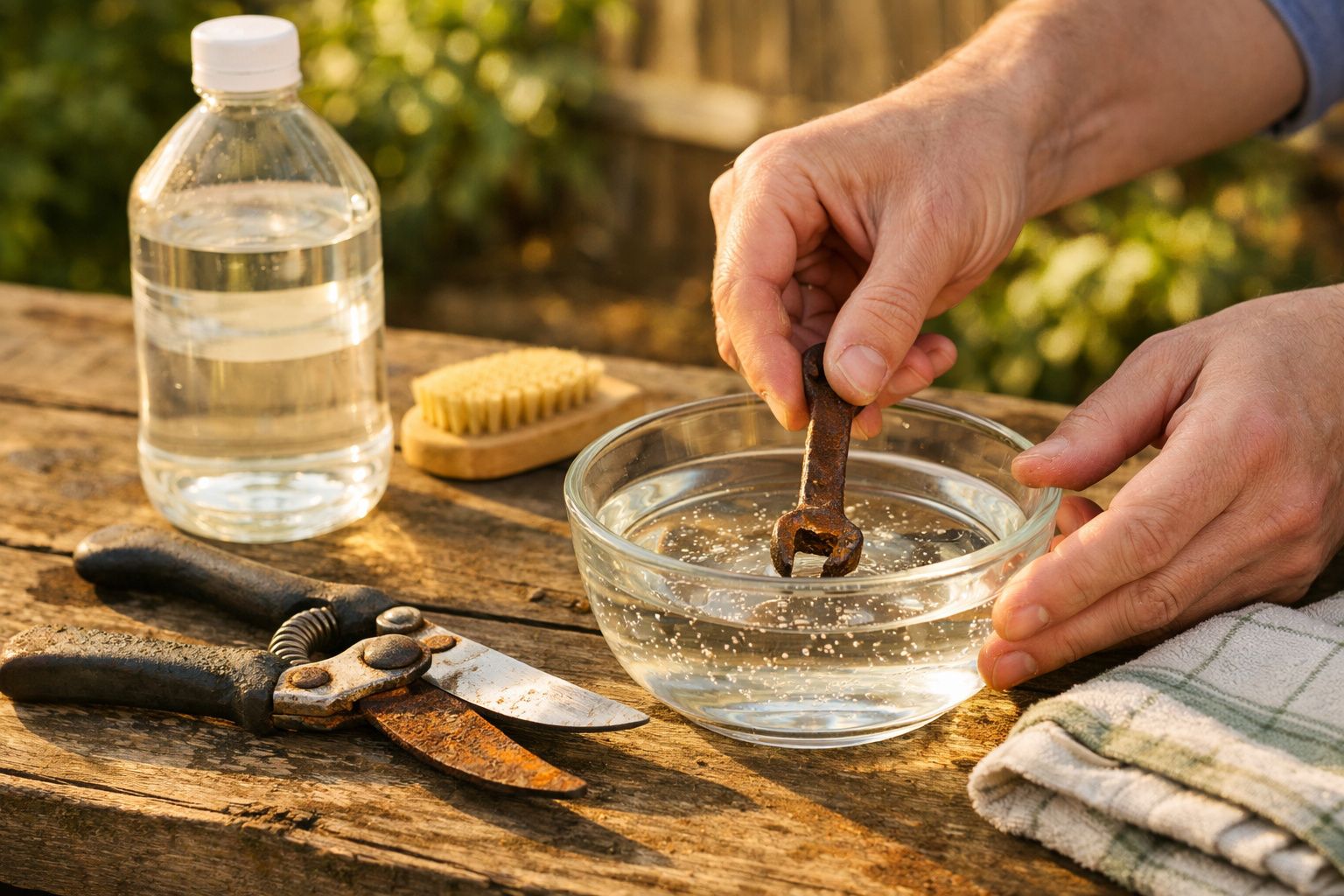 Mãos mergulhando uma ferramenta enferrujada em um recipiente com líquido para limpeza, ao lado de tesouras e escova.