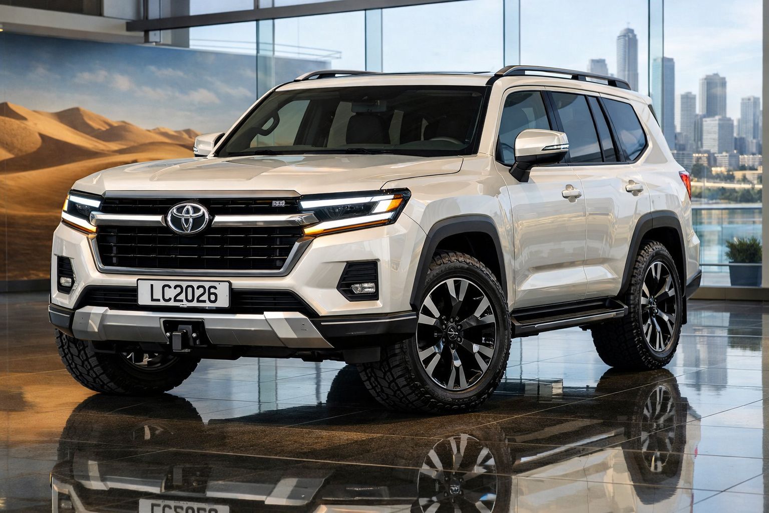 SUV branco Toyota Land Cruiser 2026 em exibição interna com pneus off-road e janelas escuras.
