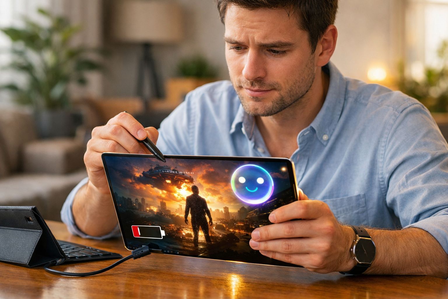 Homem usando caneta em tablet com imagem de jogo e ícones de bateria fraca e rosto sorridente.