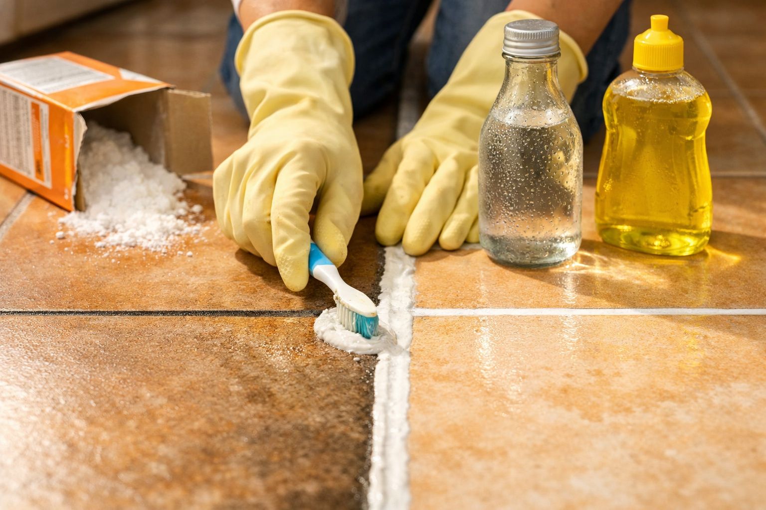 Mãos com luvas amarelas limpando rejunte de piso cerâmico com escova, bicarbonato e líquidos.