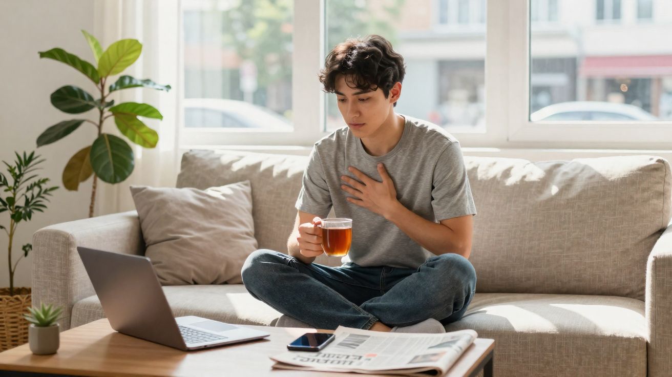 Pessoa sentada no sofá com expressão de desconforto, segurando uma xícara de chá e a mão no peito.