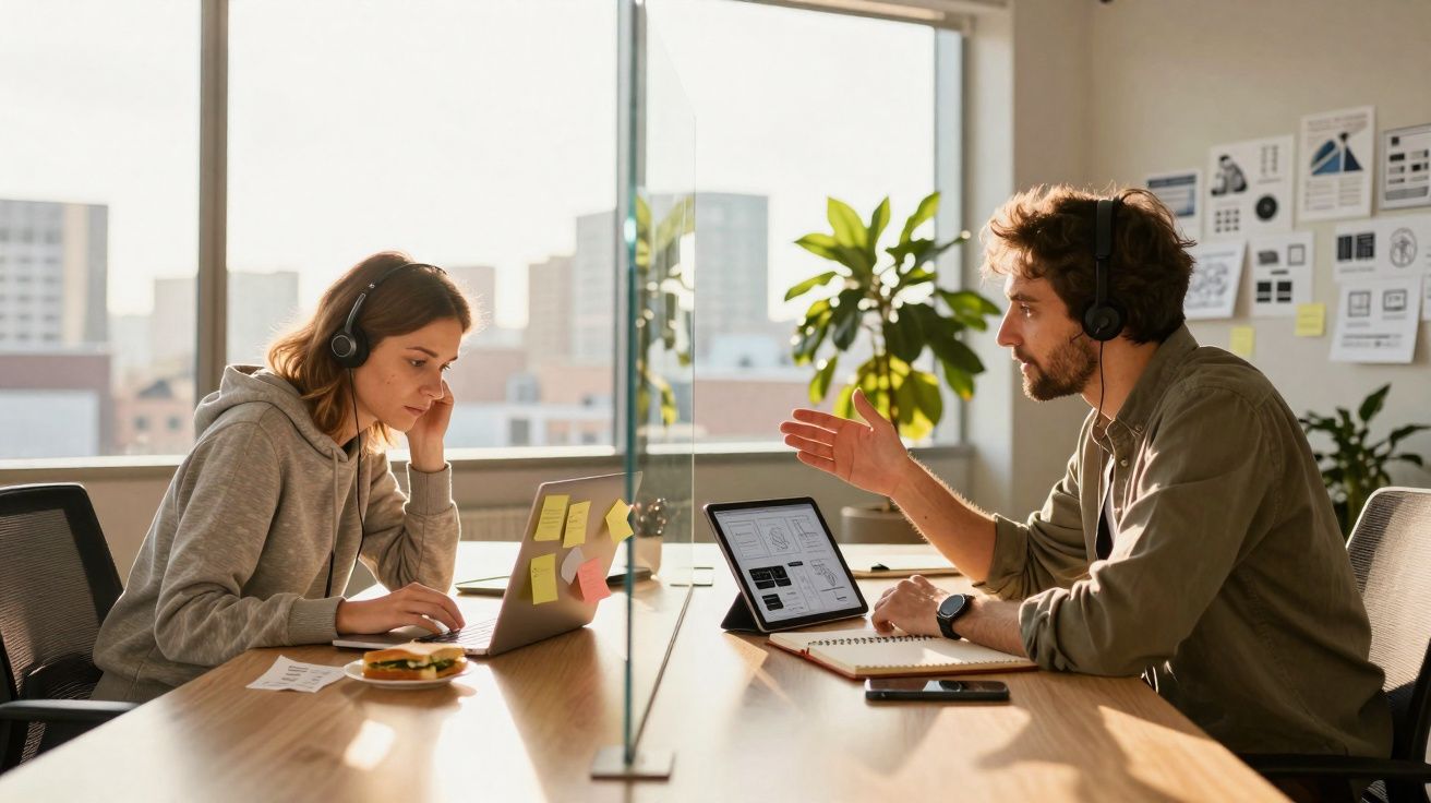 Duas pessoas com fones discutem trabalho em escritório dividido por vidro e laptops com anotações.