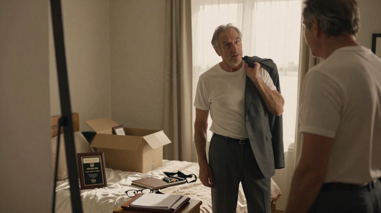 Homem idoso veste terno olhando para o espelho em quarto com caixas e documentos sobre a cama.