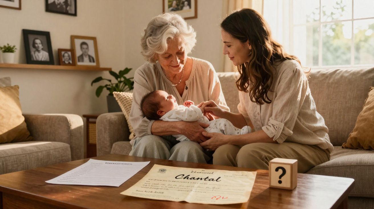 Mulher idosa e jovem segurando bebê no colo em sala com documentos e cubo de interrogação na mesa.
