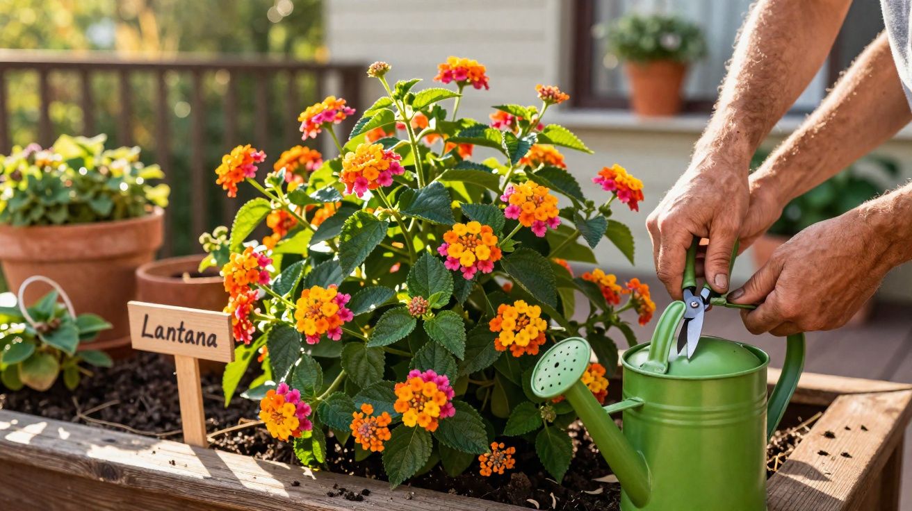 Mãos segurando tesoura sobre regador verde ao lado de planta florida de lantana em canteiro.