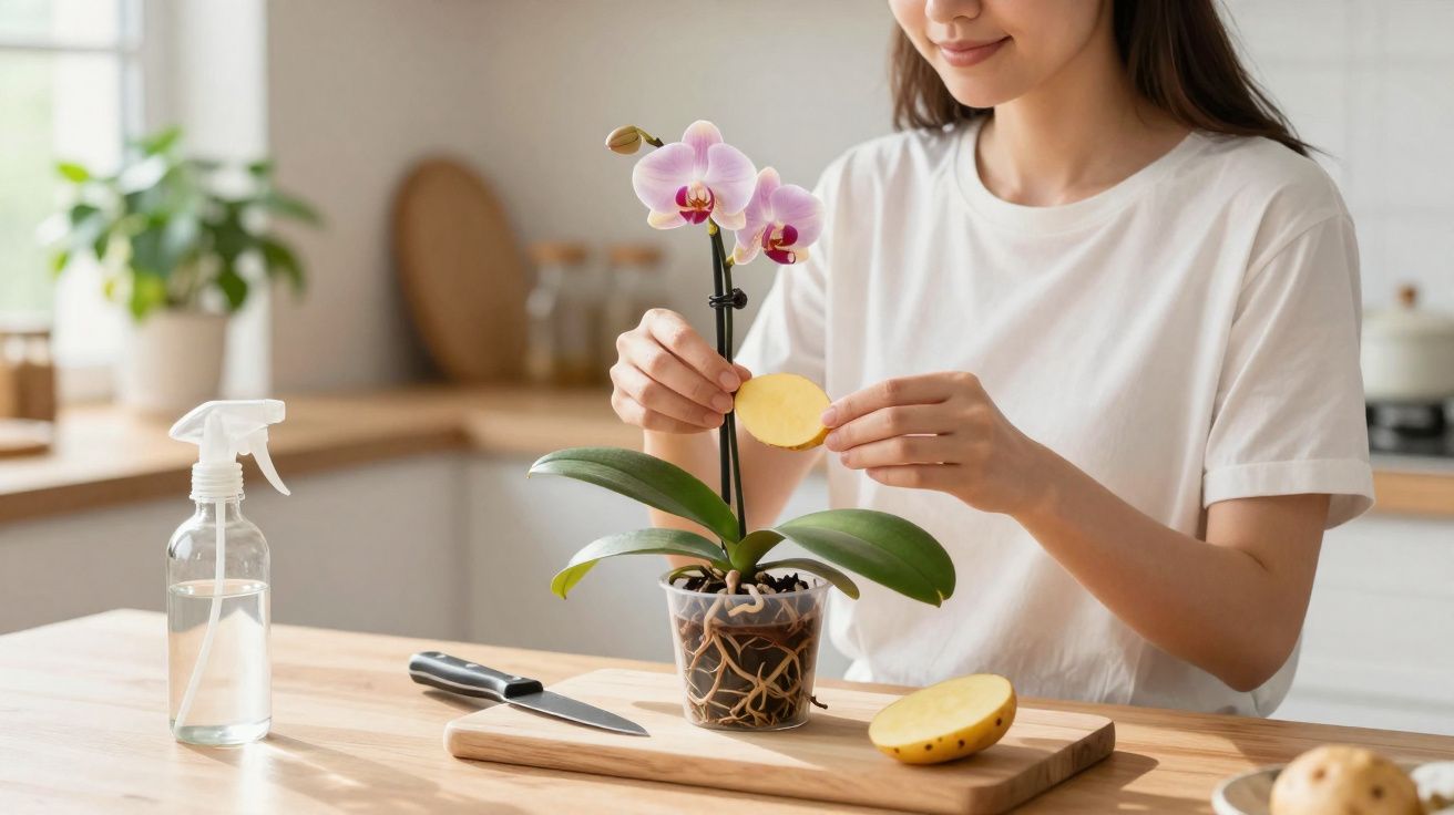Mulher colocando fatia de batata em orquídea em vaso transparente na cozinha iluminada.
