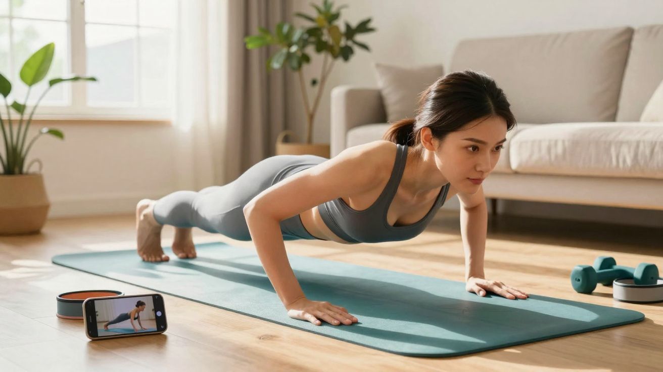 Mulher fazendo flexão em tapete de yoga em sala de estar, com celular e halteres ao lado.