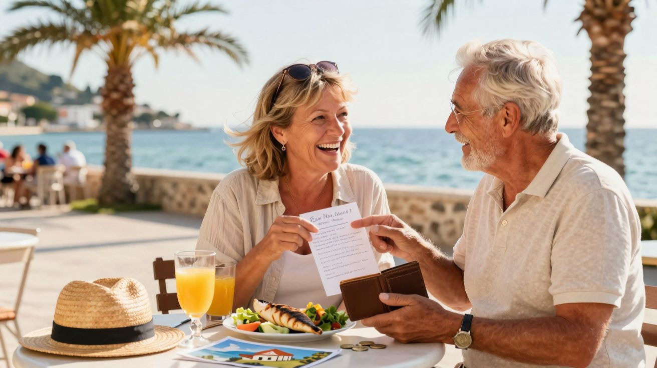 Casal maduro sorrindo e analisando uma conta em restaurante à beira-mar, com prato e suco na mesa.